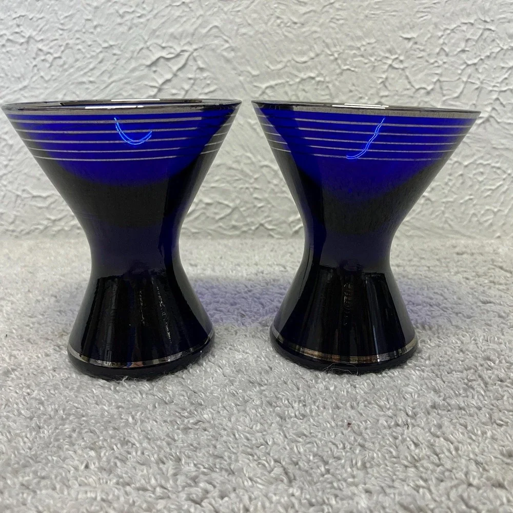 Vintage Set of 2 Cobalt Blue Cocktail‎ Glasses with Silver Platinum Banding MCM